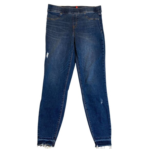 Spanx Womens Skinny Jeans Large Mid-Rise Distressed Hem Frayed Stretchy Denim Bl - Picture 1 of 16